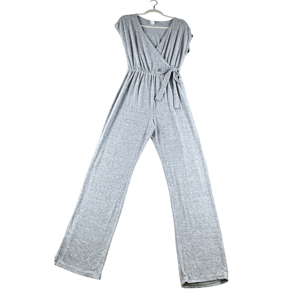 Caution to the Wind Heather Gray Surplice Wide Leg Knit Jumpsuit Small